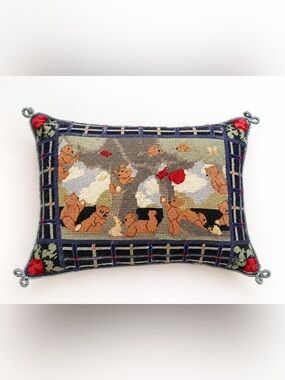 Needlepoint Cottage core Bear Chick Pillow - Nursery Whimsy Storybook Multi